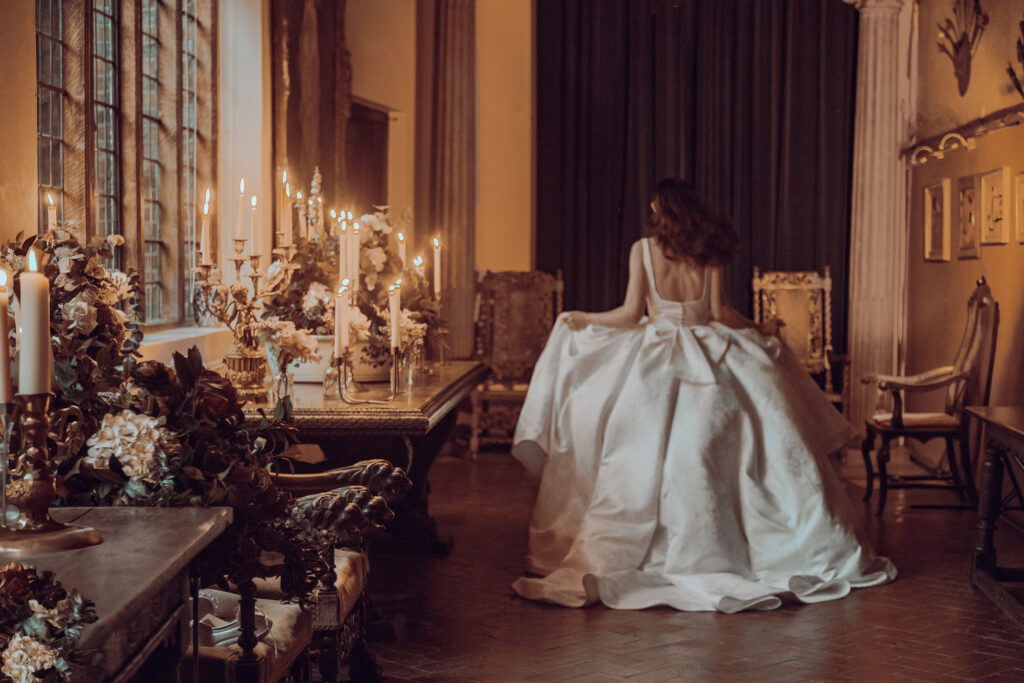 Ramster Hall in Surrey staged for a winter wedding photoshoot. The bride is wearing a traditional dress.